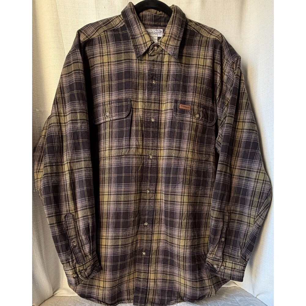 Carhartt Mens XL Flannel Shirt Brown Tan Plaid Button Up Long Sleeve Workwear